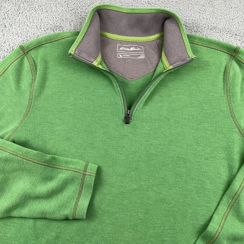 Eddie Bauer Sweater Mens Large Green 1/4 Zip Pullover Sweatshirt Outdoor Casual